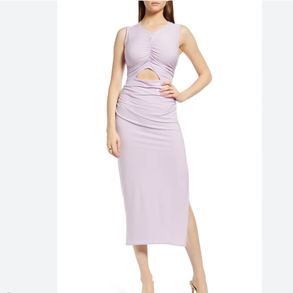 Open Edit Cutout Ruched Sleeveless Side Slit Midi Dress In Purple Bloom Size XS